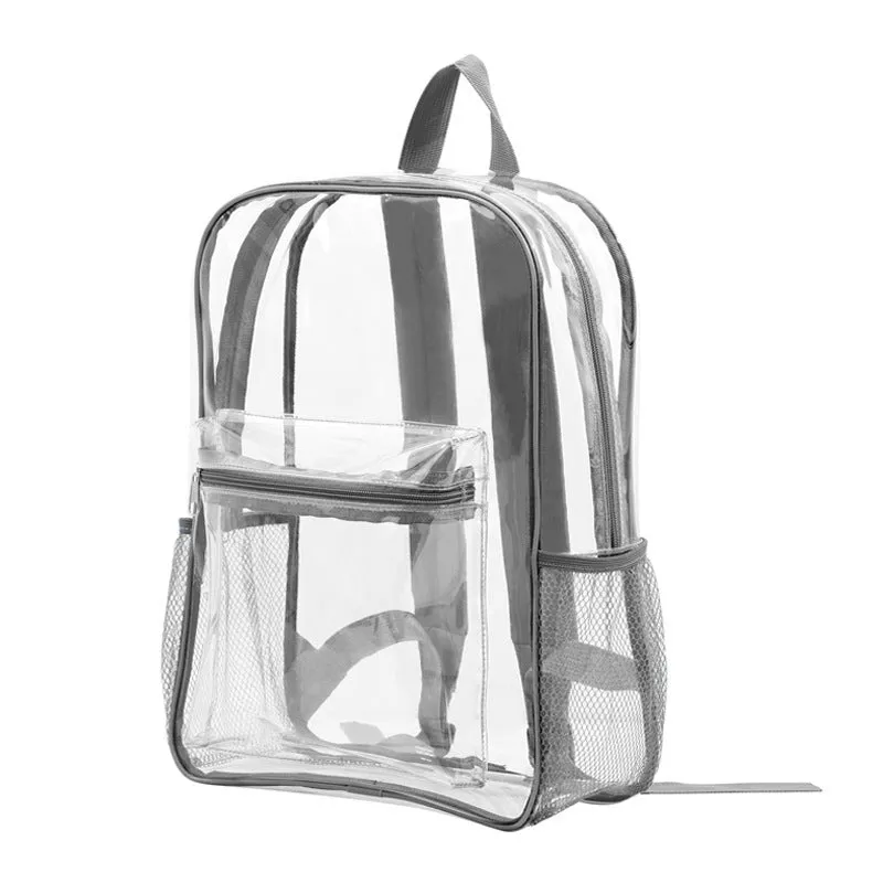 Transparent PVC large capacity travel backpack in multiple colour options including blue and red.
