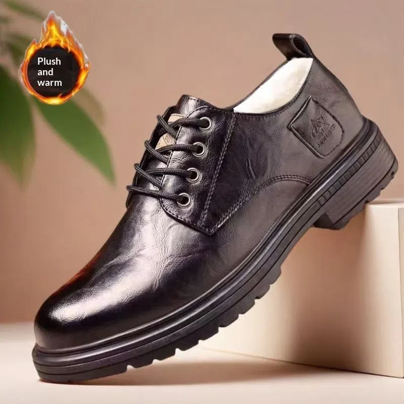 Black casual PU leather lace-up slip-on loafer shoes with flat heel and round toe
