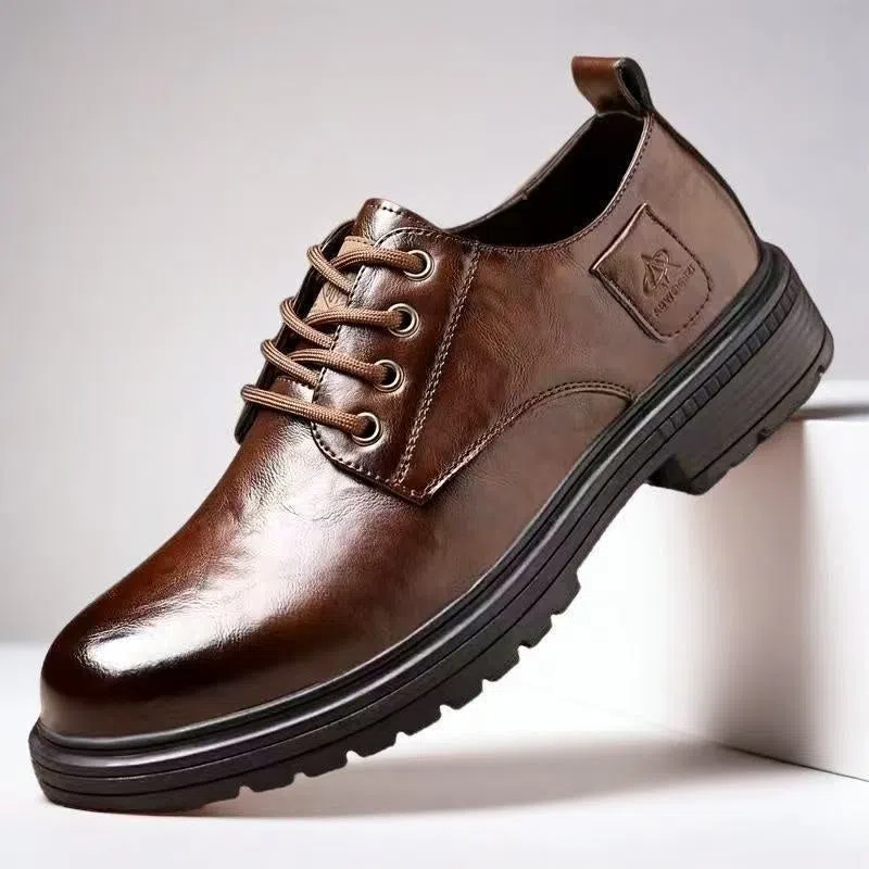 Black casual PU leather lace-up slip-on loafer shoes with flat heel and round toe