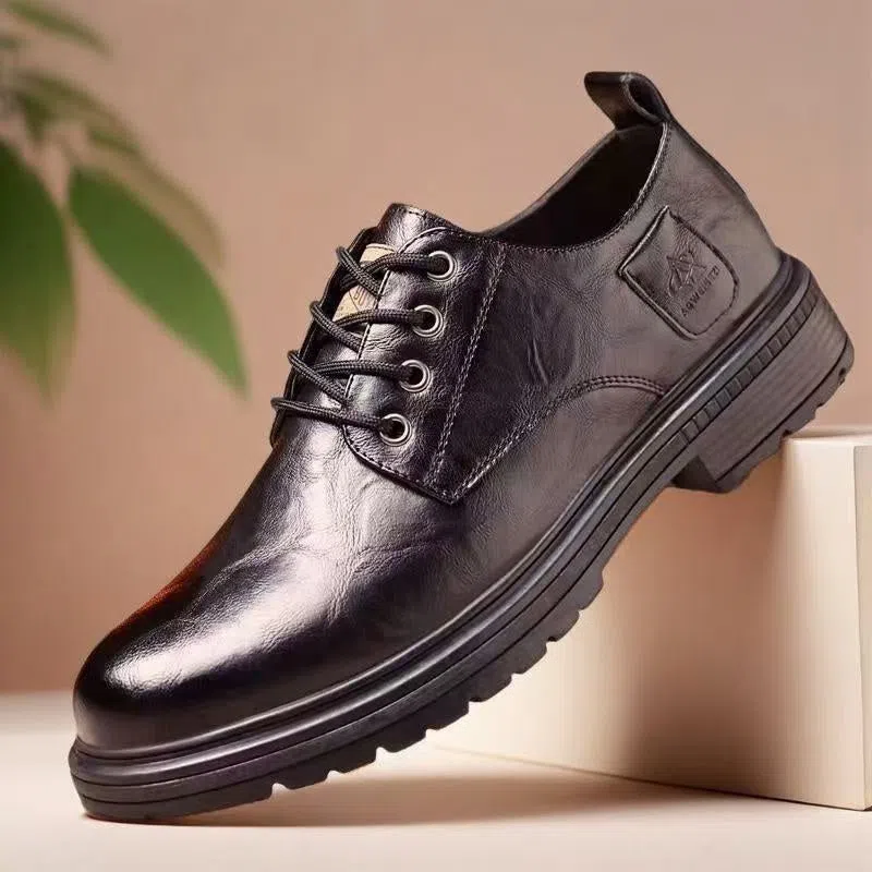 Black casual PU leather lace-up slip-on loafer shoes with flat heel and round toe