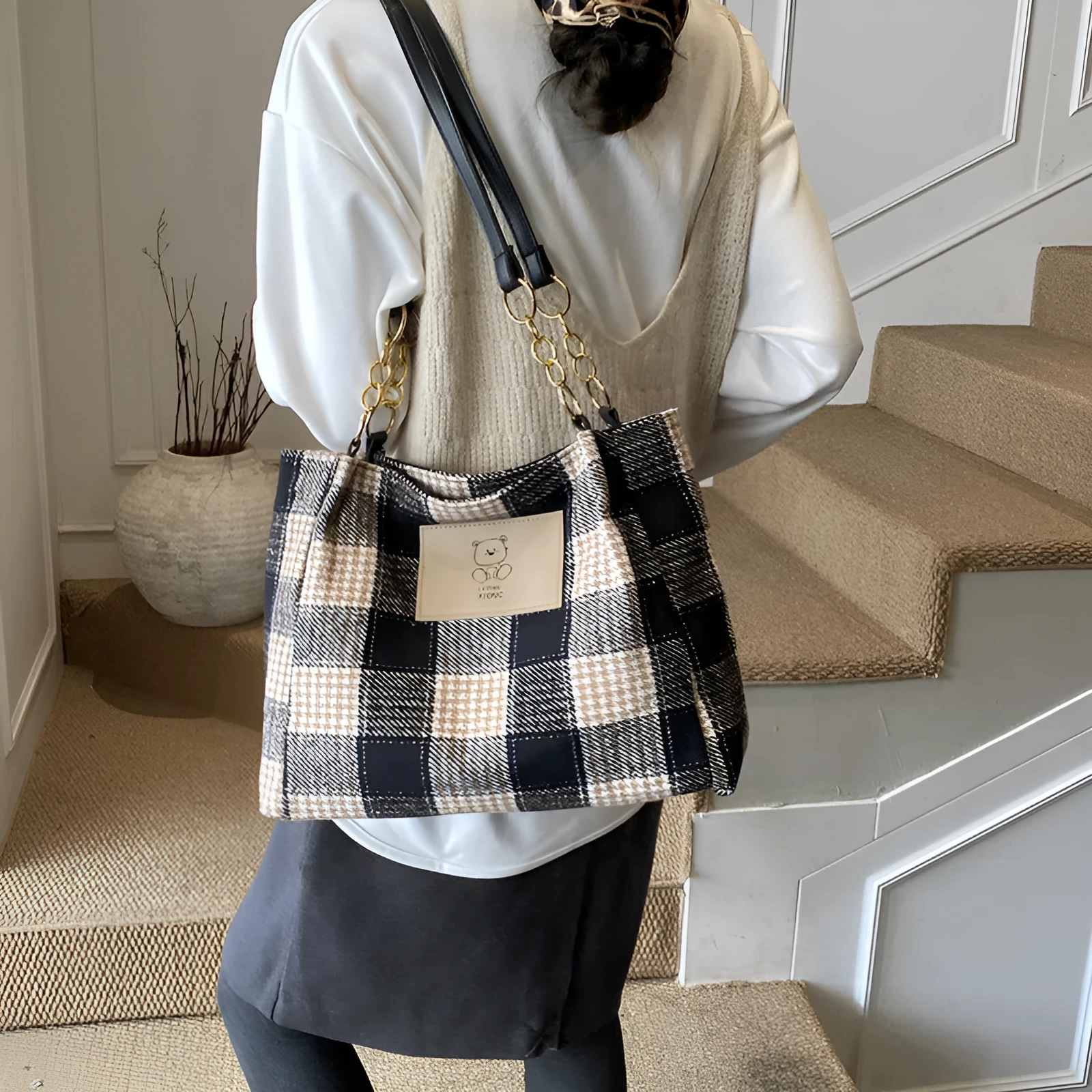 Wool plaid women's single-shoulder commuter bag in brown with stitched seam detailing and double straps