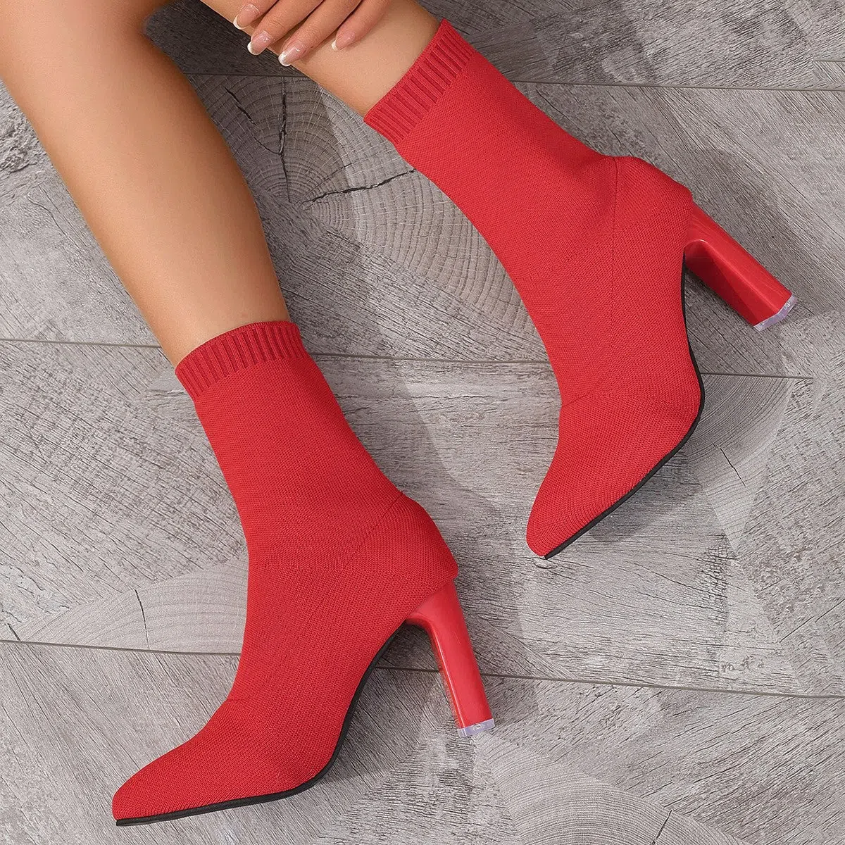 Women's chunky heel knitted suede ankle boots with pointed toe in solid colour slip-on design for autumn winter