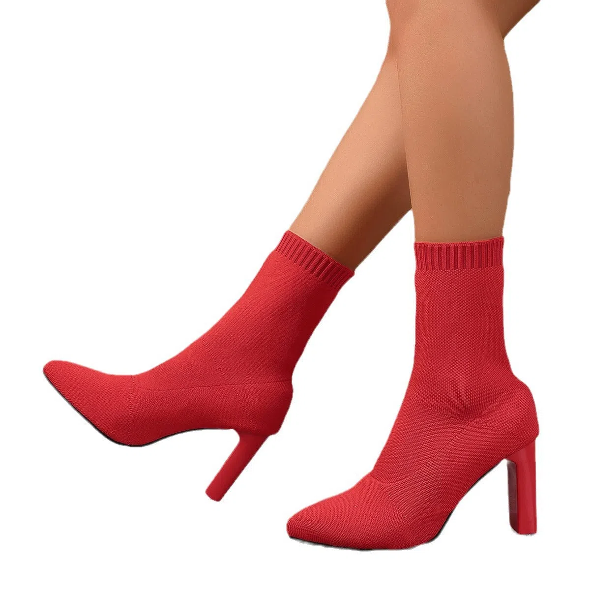Women's chunky heel knitted suede ankle boots with pointed toe in solid colour slip-on design for autumn winter