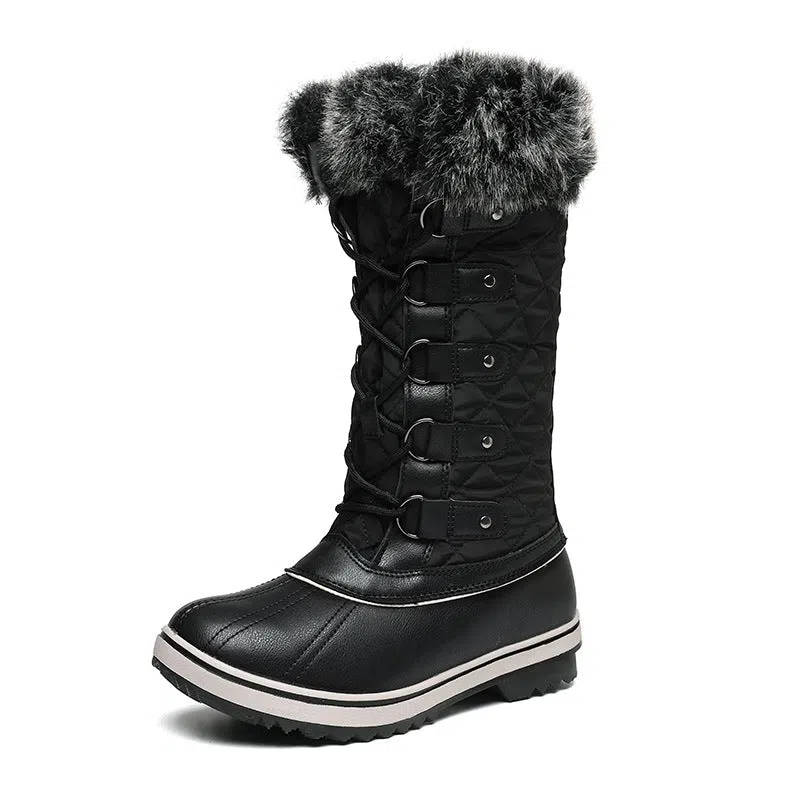 Women's high-top flat snow boots in black synthetic leather with round toe and high-top shaft