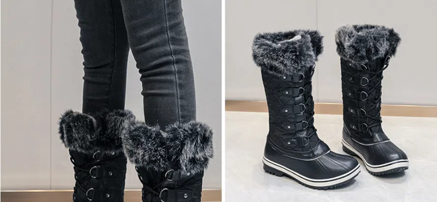 Women's high-top flat snow boots in black synthetic leather with round toe and high-top shaft