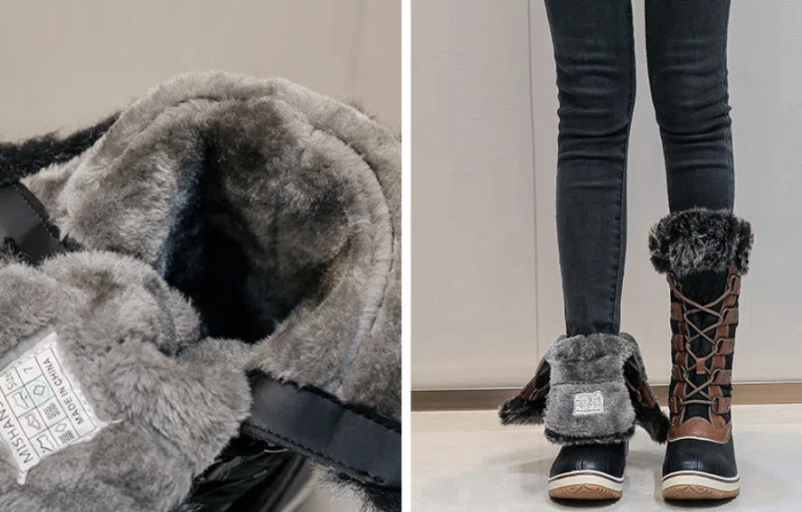 Women's high-top flat snow boots in black synthetic leather with round toe and high-top shaft