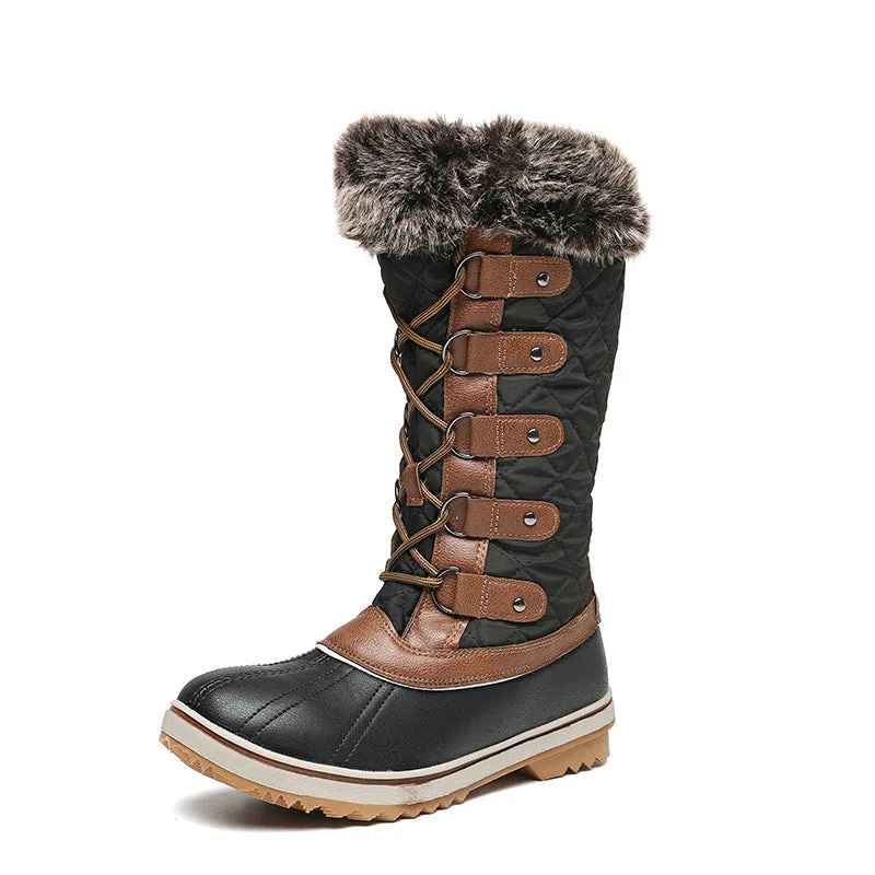 Women's high-top flat snow boots in black synthetic leather with round toe and high-top shaft