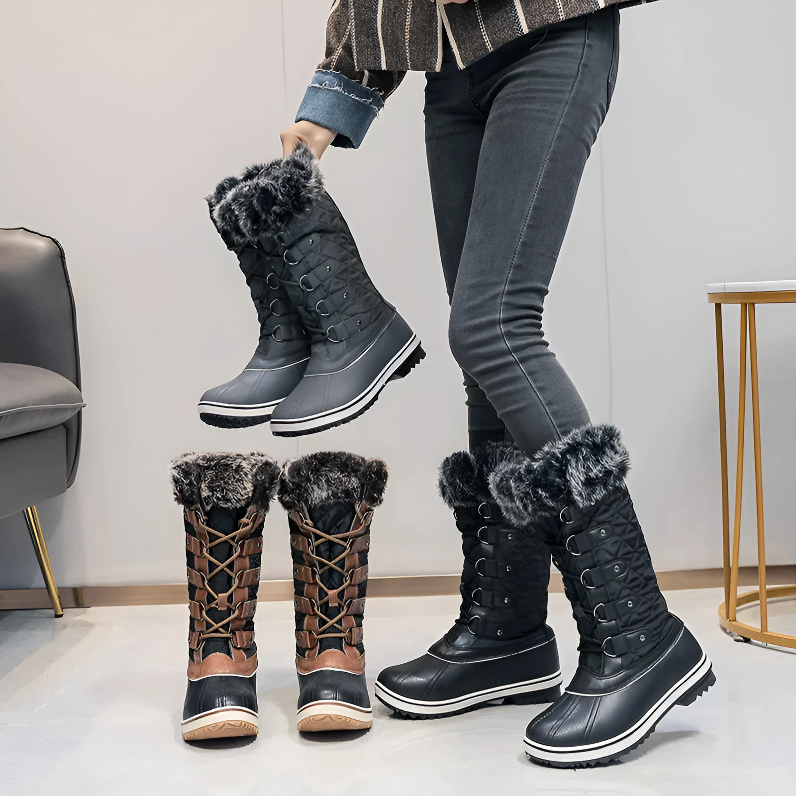 Women's high-top flat snow boots in black synthetic leather with round toe and high-top shaft