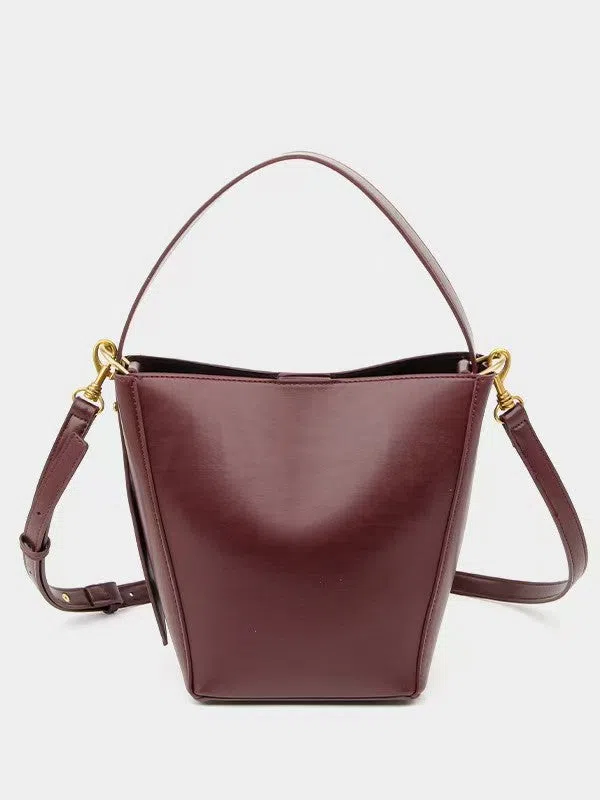 Urban minimalist crossbody shoulder bag in bucket style, PU material, solid colour, three-dimensional outer pocket, available in black, army green, and wine red