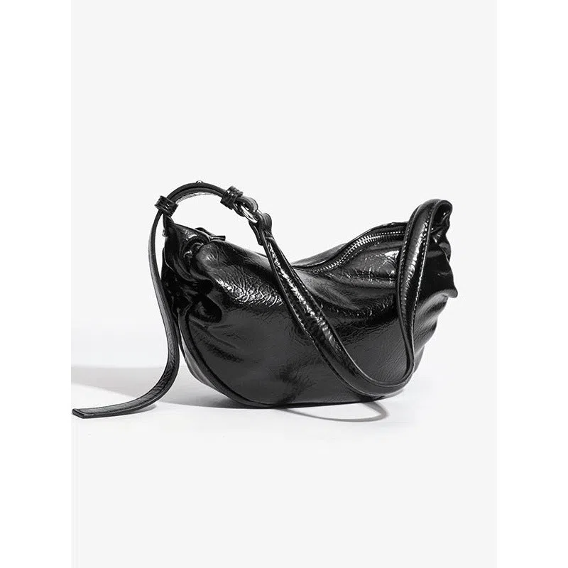 Black pleated shoulder bag with three-dimensional pocket in dumpling shape PU leather