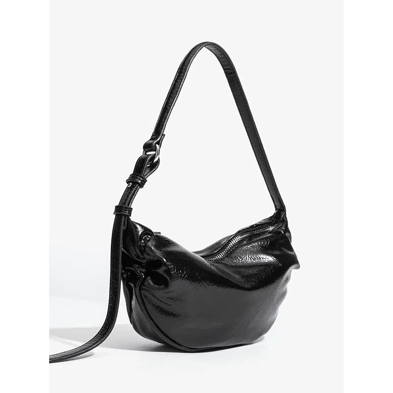 Black pleated shoulder bag with three-dimensional pocket in dumpling shape PU leather