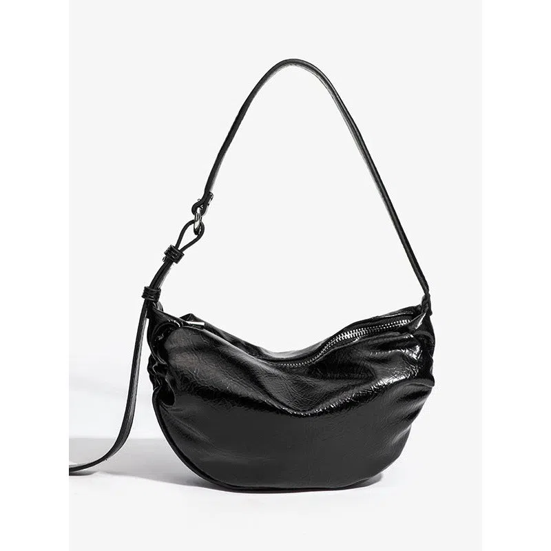 Black pleated shoulder bag with three-dimensional pocket in dumpling shape PU leather