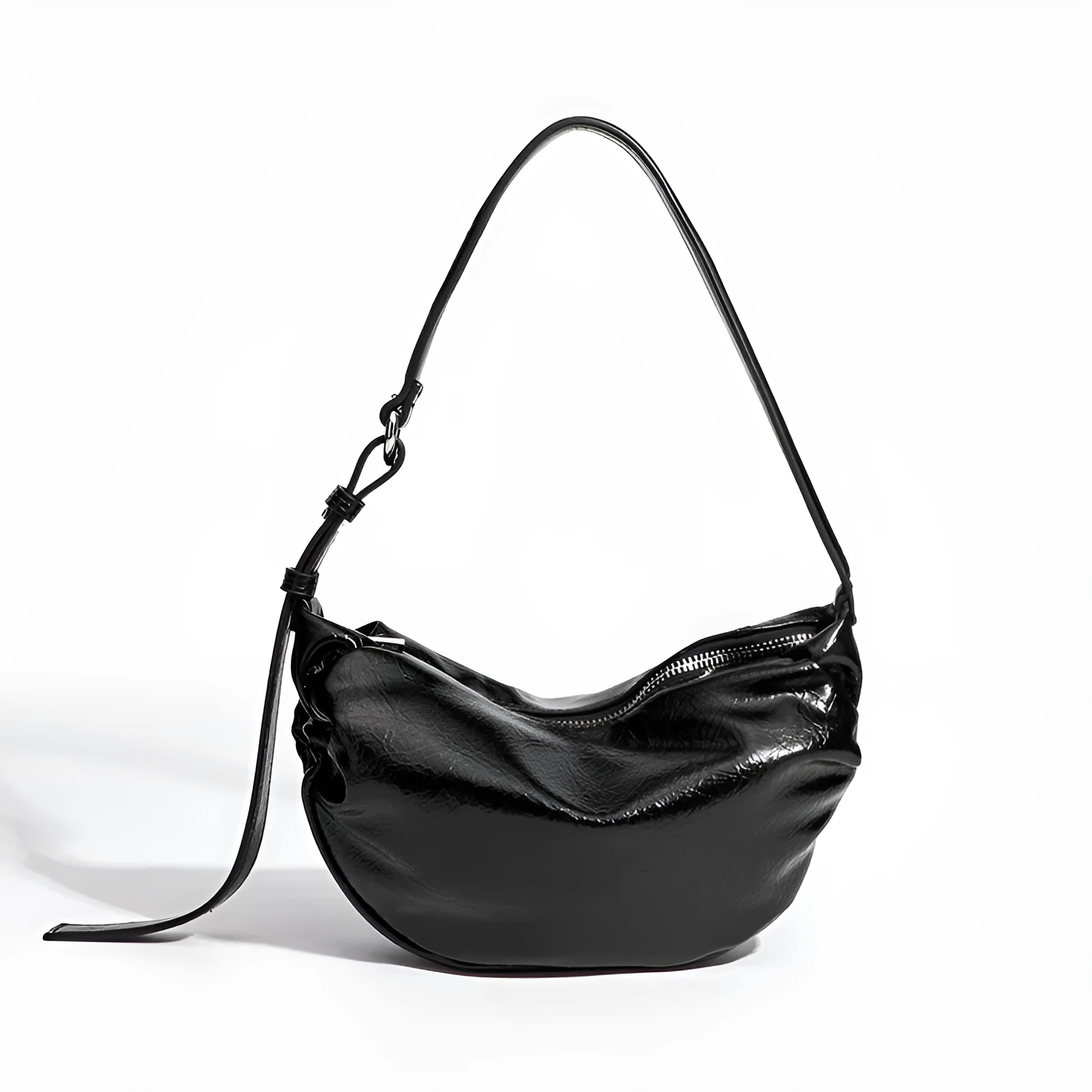Black pleated shoulder bag with three-dimensional pocket in dumpling shape PU leather