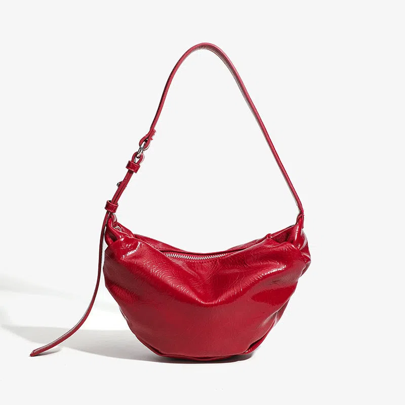 Black pleated shoulder bag with three-dimensional pocket in dumpling shape PU leather