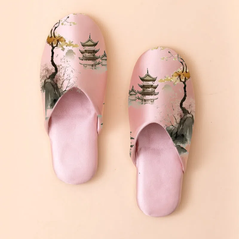 Women's non-slip printed fabric slippers with satin upper and cotton inner, available in multiple sizes and colours