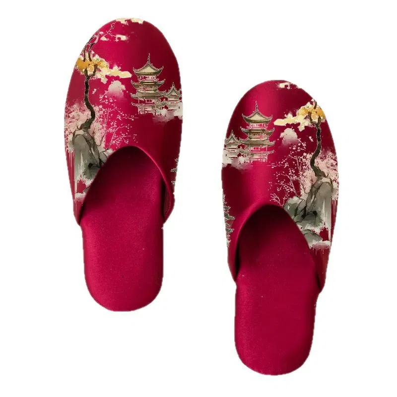 Women's non-slip printed fabric slippers with satin upper and cotton inner, available in multiple sizes and colours