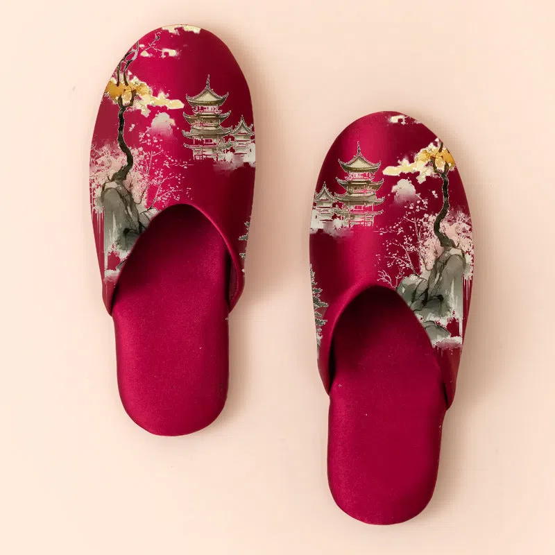 Women's non-slip printed fabric slippers with satin upper and cotton inner, available in multiple sizes and colours