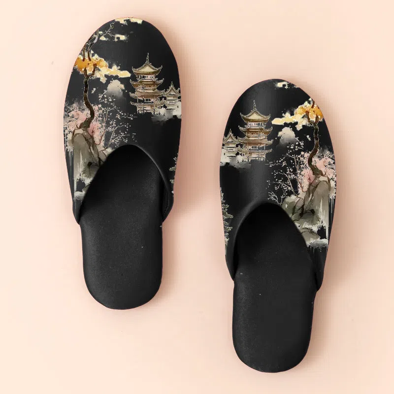 Women's non-slip printed fabric slippers with satin upper and cotton inner, available in multiple sizes and colours