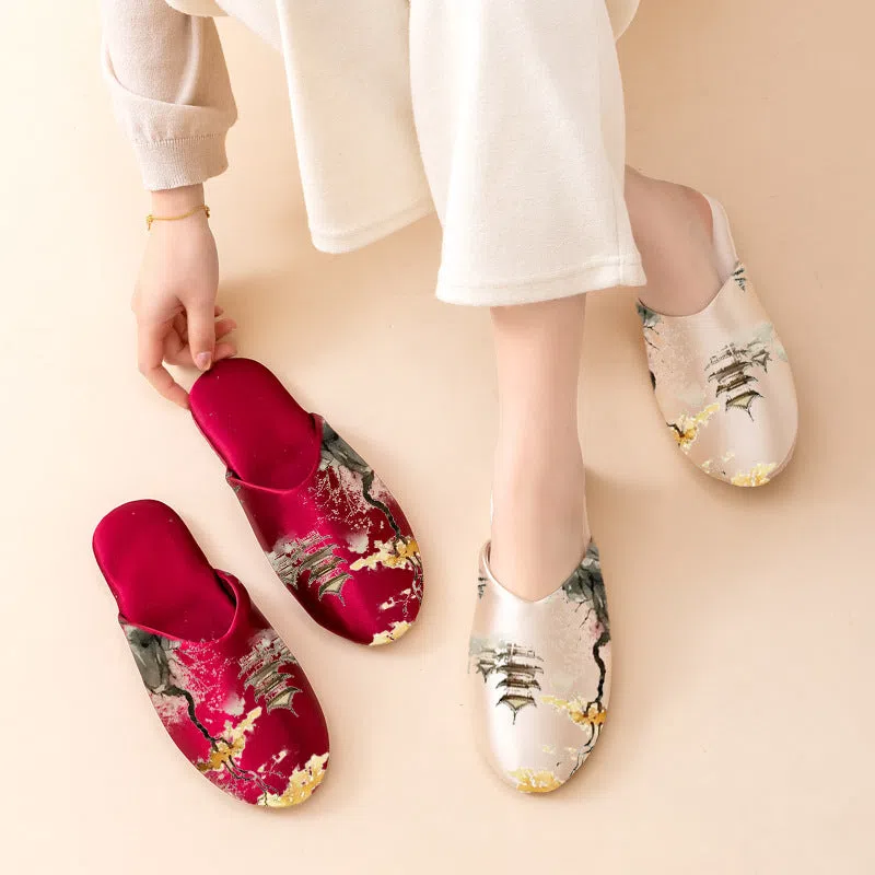 Women's non-slip printed fabric slippers with satin upper and cotton inner, available in multiple sizes and colours
