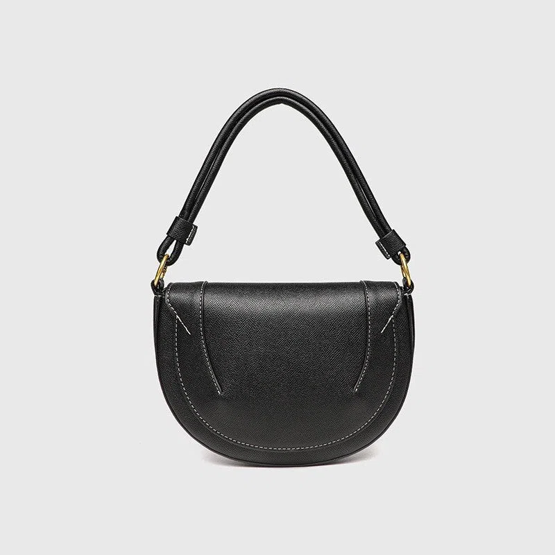 Medium PU saddle bag with magnetic clasp in black oval shape 16x24x8.5cm women's handbag