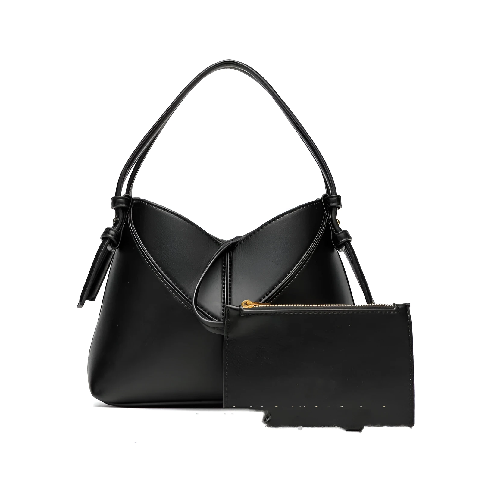 Trendy solid colour stitched oval handbag and crossbody bag for women in black with single shoulder strap and interior slip pocket