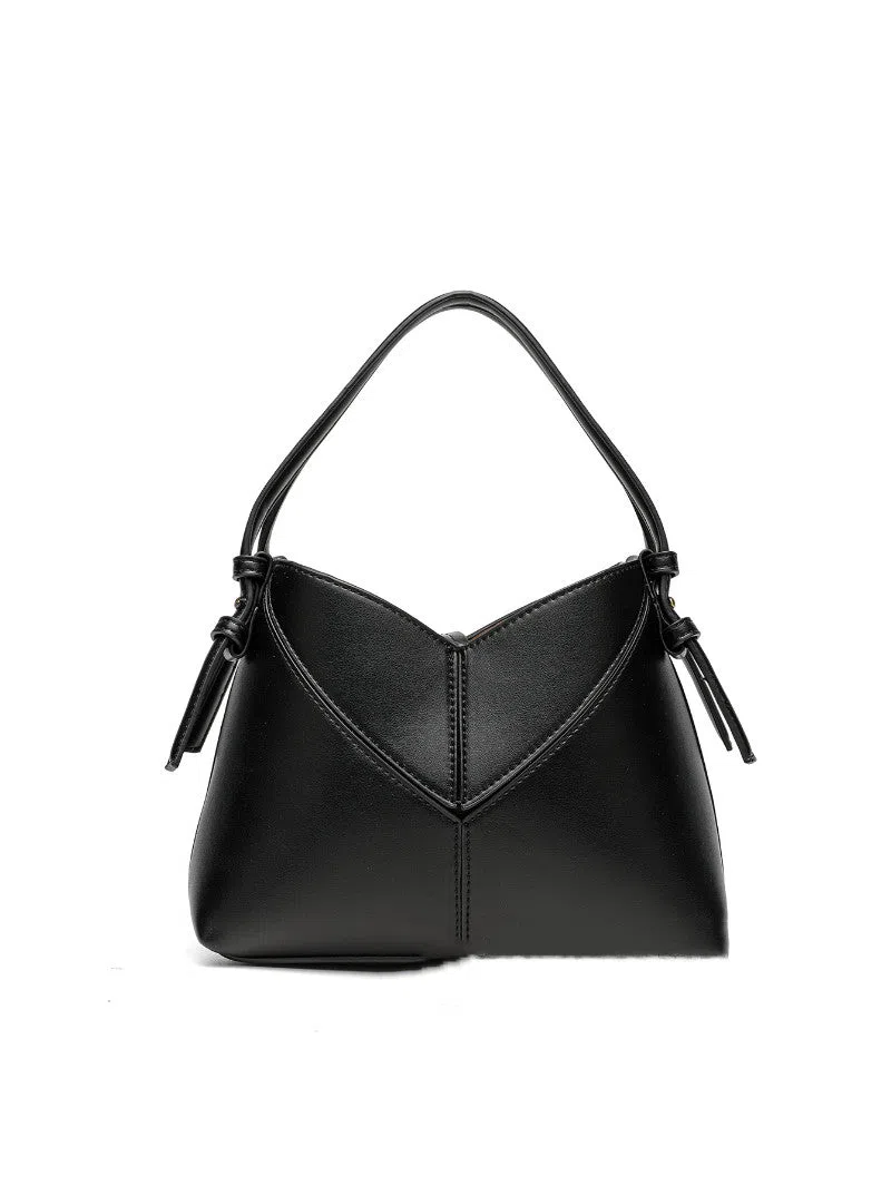 Trendy solid colour stitched oval handbag and crossbody bag for women in black with single shoulder strap and interior slip pocket