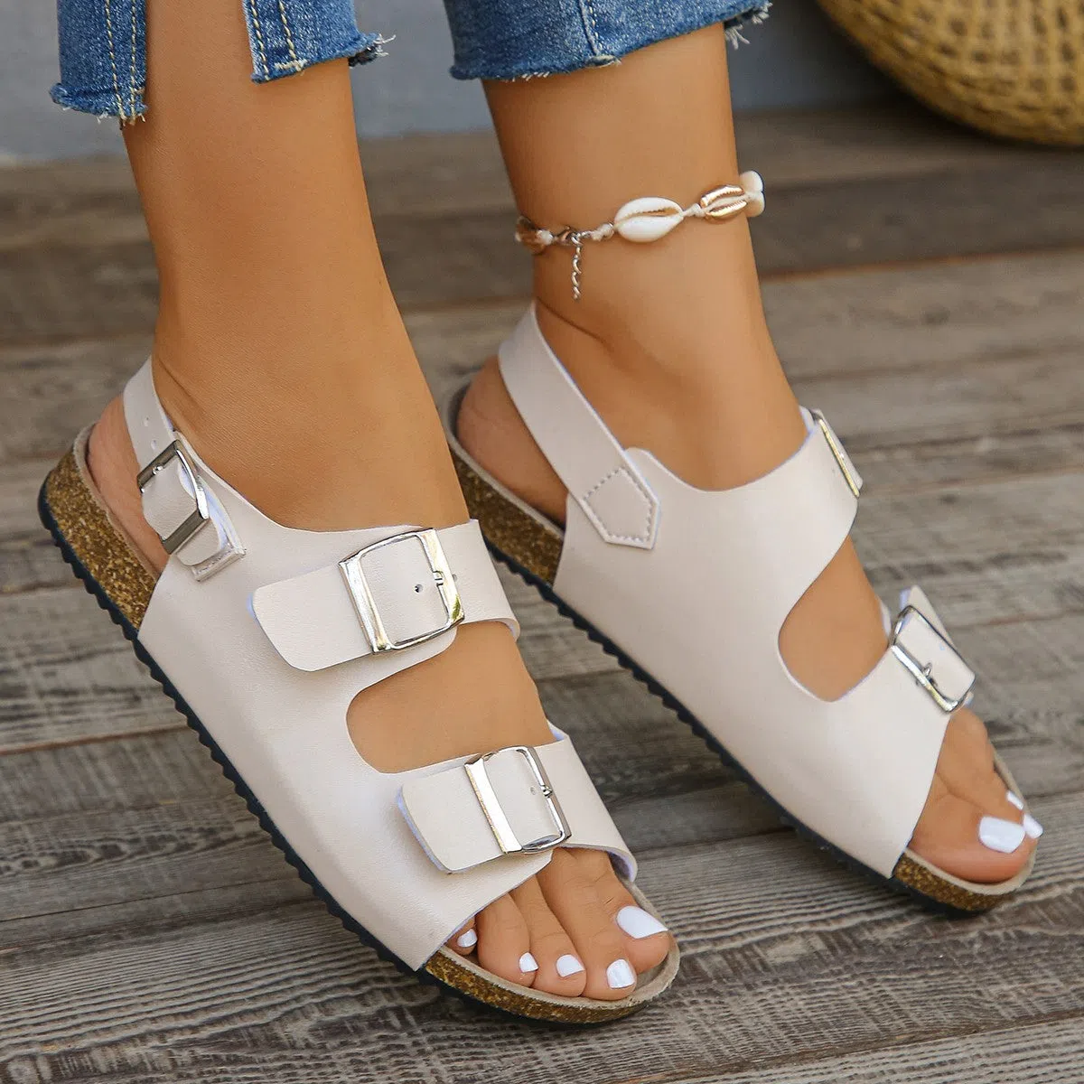 Women's flat sandals with square buckle, chunky sole, round toe, PU upper, rubber outsole in beige
