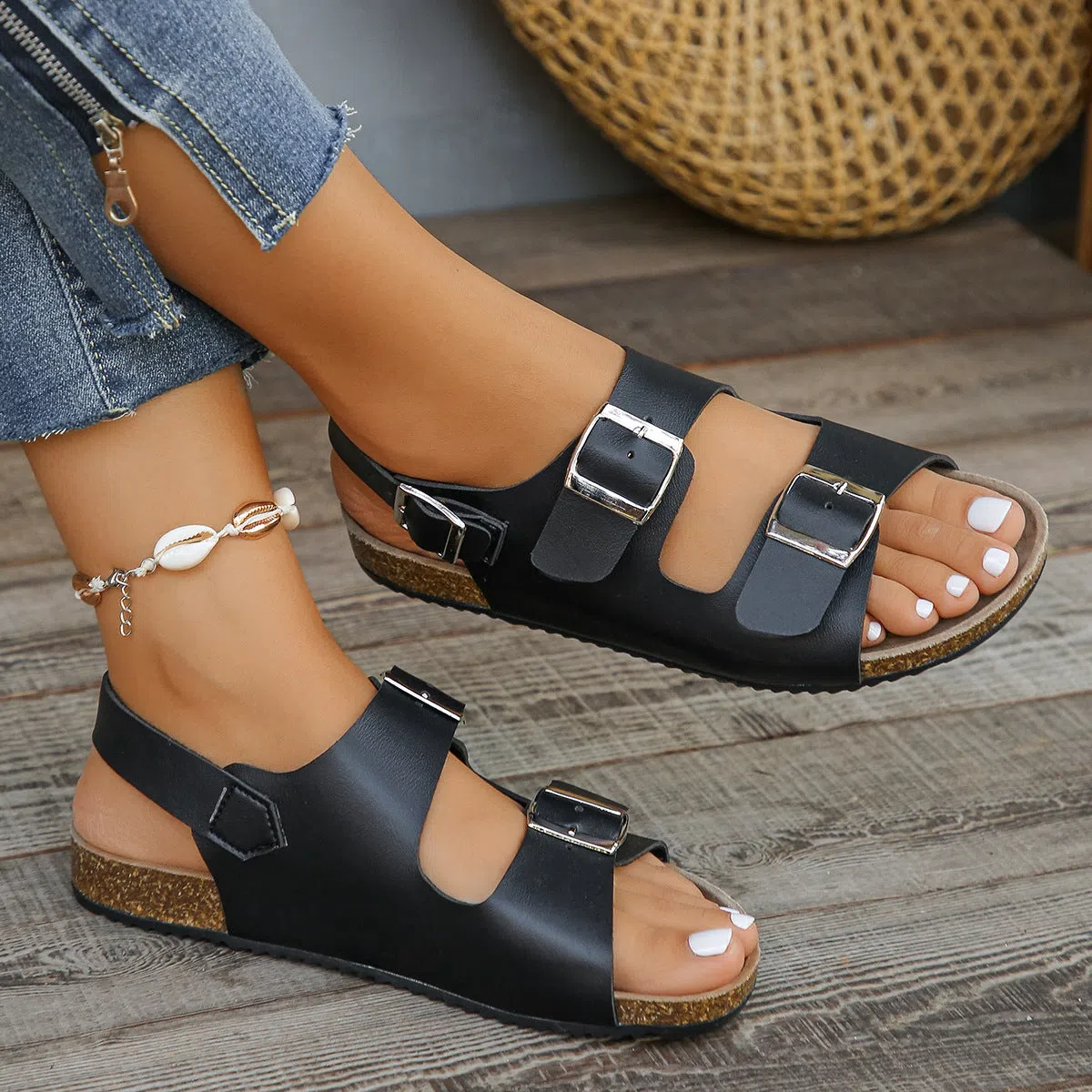 Women's flat sandals with square buckle, chunky sole, round toe, PU upper, rubber outsole in beige