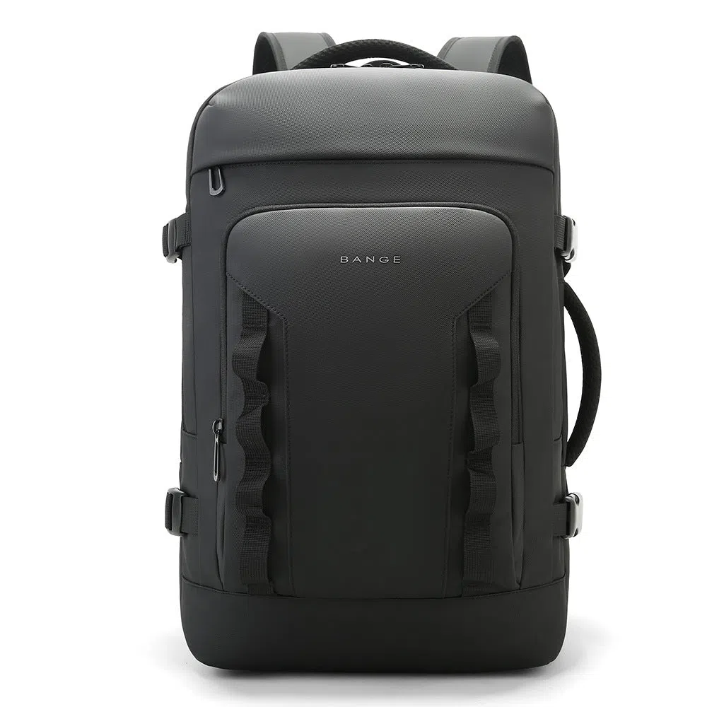 Men's expandable backpack Oxford cloth 20-35L black solid colour curved shoulder straps stitching details