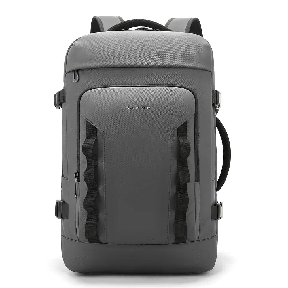 Men's expandable backpack Oxford cloth 20-35L black solid colour curved shoulder straps stitching details