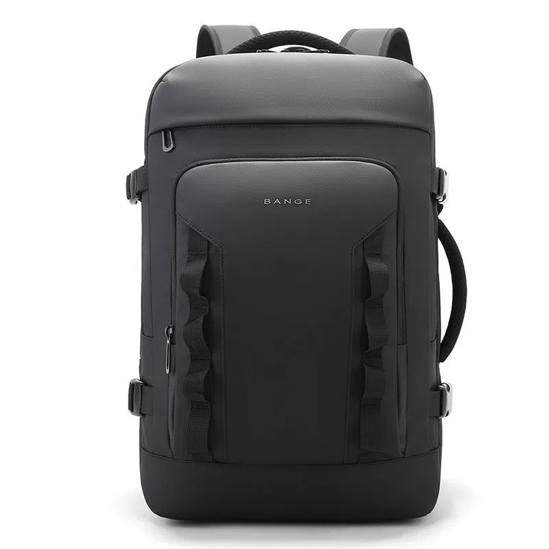 Men's expandable backpack Oxford cloth 20-35L black solid colour curved shoulder straps stitching details