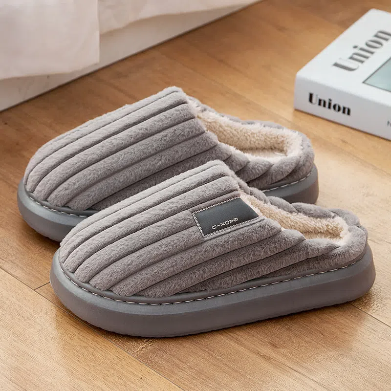Warm plus-size men's casual slippers with plush upper in striped pattern, available in multiple colours