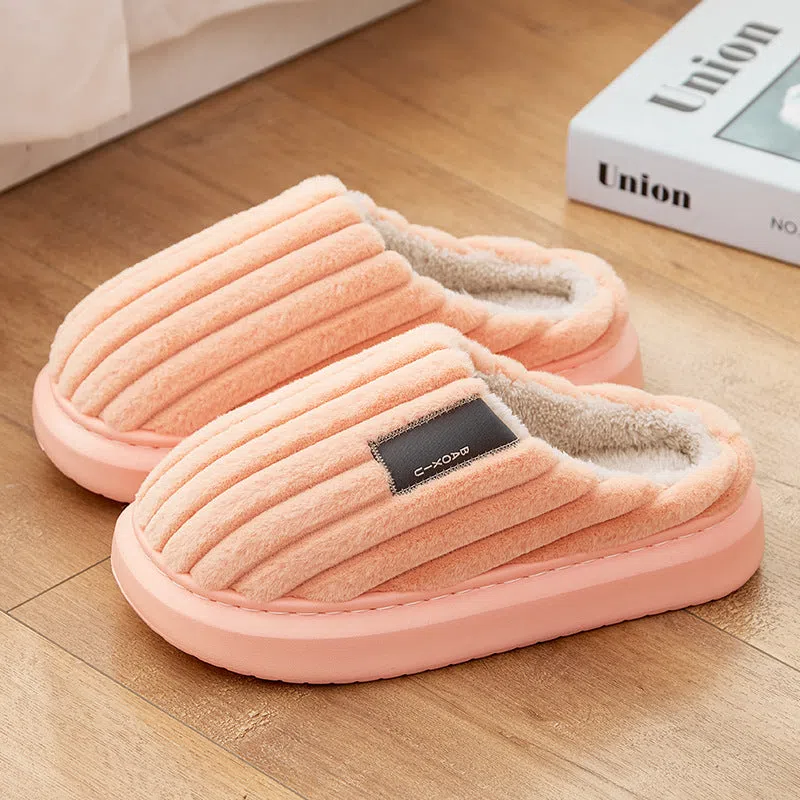 Warm plus-size men's casual slippers with plush upper in striped pattern, available in multiple colours