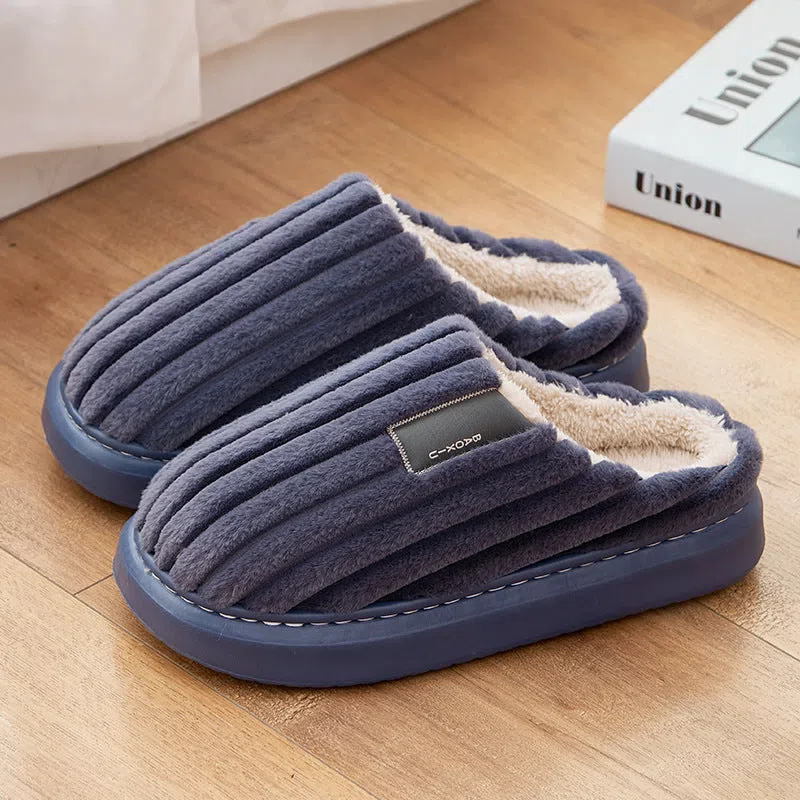 Warm plus-size men's casual slippers with plush upper in striped pattern, available in multiple colours
