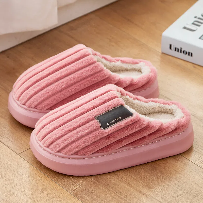 Warm plus-size men's casual slippers with plush upper in striped pattern, available in multiple colours