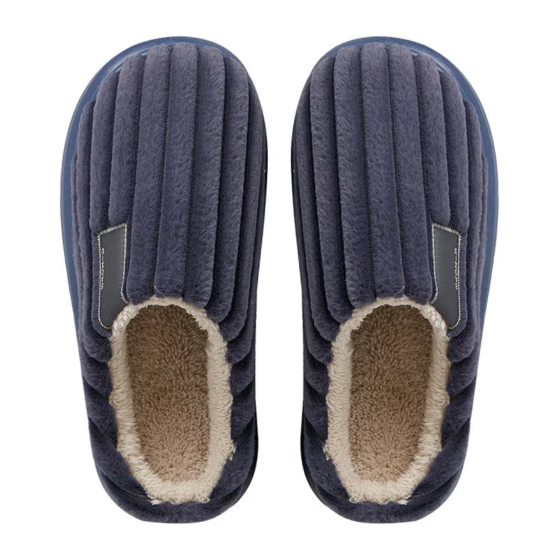 Warm plus-size men's casual slippers with plush upper in striped pattern, available in multiple colours