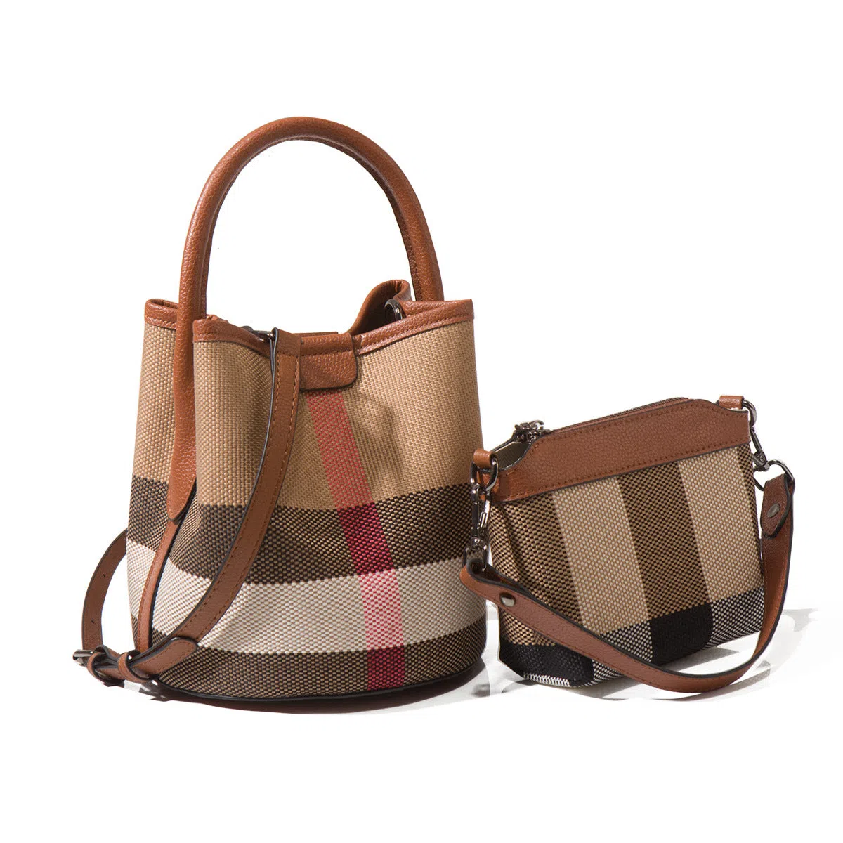 Plaid brown canvas bucket handbag set with large and small bags and single shoulder strap