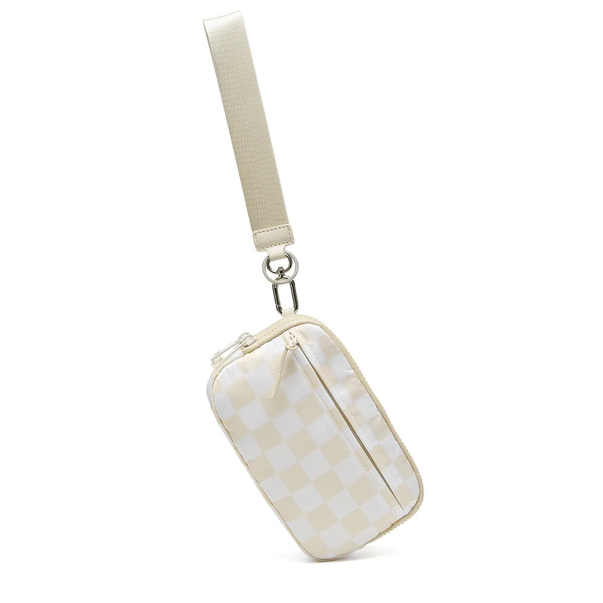 Women's crossbody bag in beige plaid with single shoulder strap, soft Oxford cloth, horizontal rectangular shape, and printed design