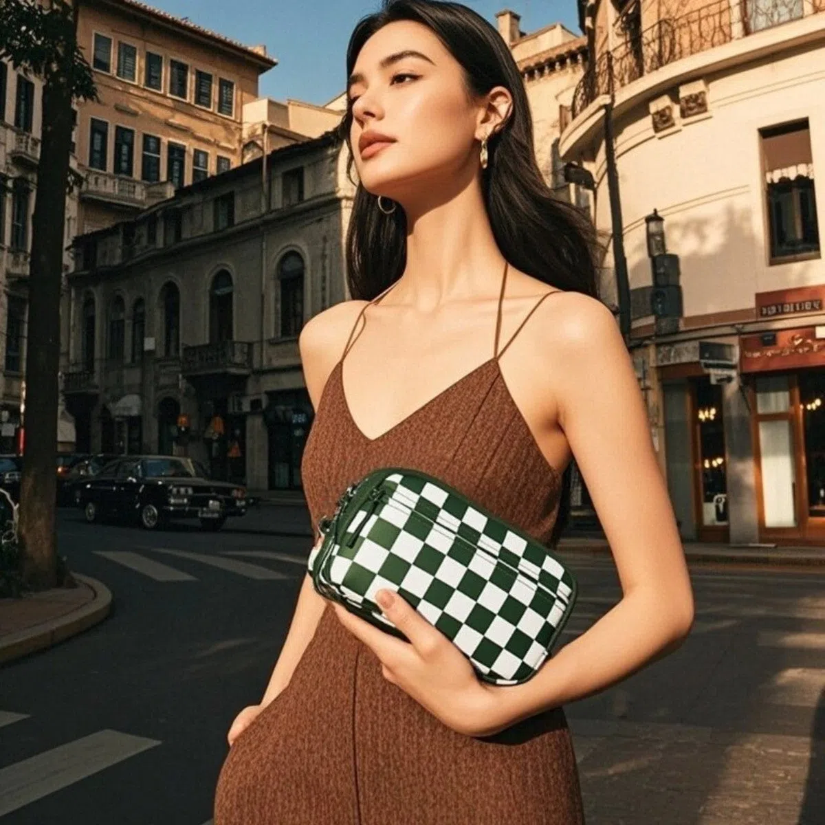 Women's crossbody bag in beige plaid with single shoulder strap, soft Oxford cloth, horizontal rectangular shape, and printed design