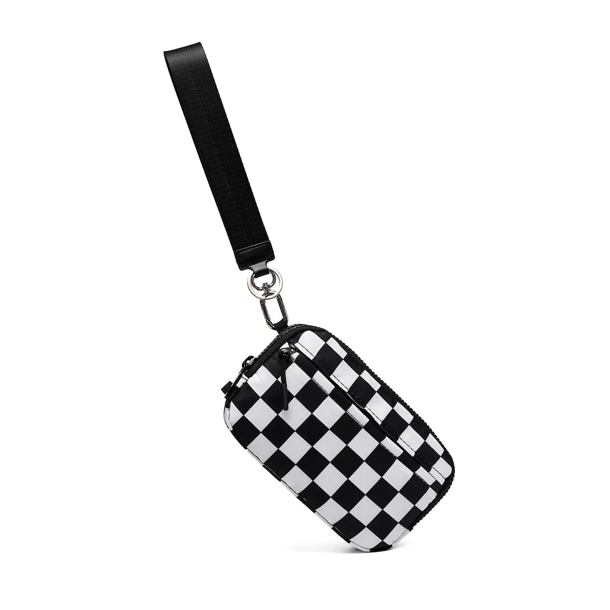 Women's crossbody bag in beige plaid with single shoulder strap, soft Oxford cloth, horizontal rectangular shape, and printed design
