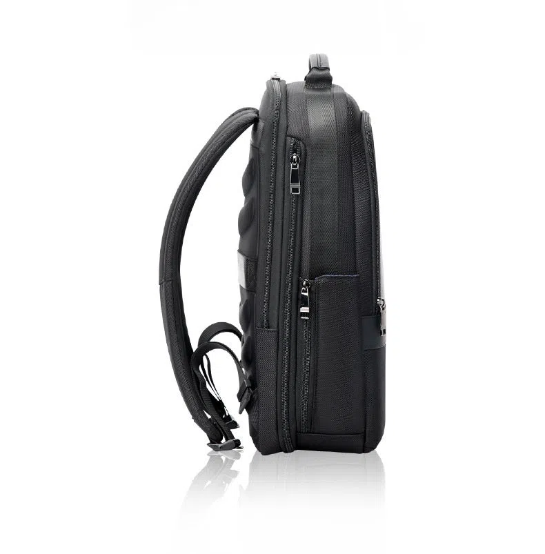 Men's commuter nylon backpack in black with stitched design and 20-35 litre capacity