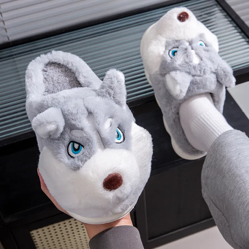 Cute Husky cartoon pure cotton slippers for men and women, warm indoor winter footwear in dark gray