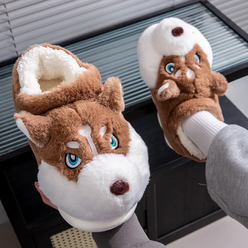 Cute Husky cartoon pure cotton slippers for men and women, warm indoor winter footwear in dark gray
