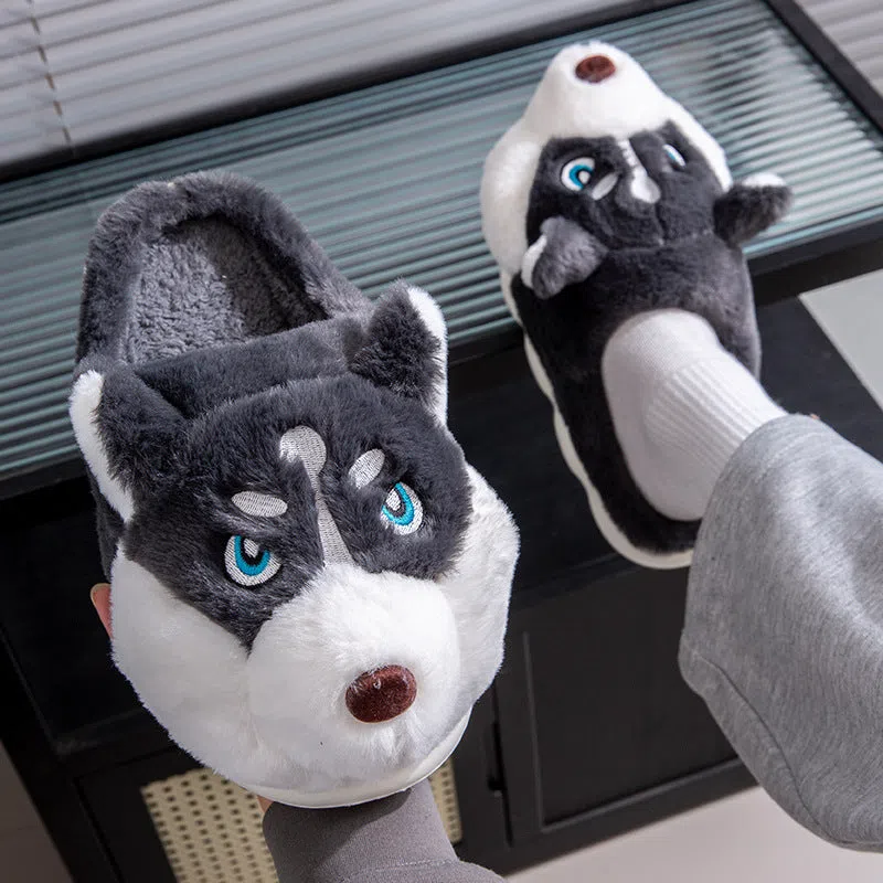 Cute Husky cartoon pure cotton slippers for men and women, warm indoor winter footwear in dark gray