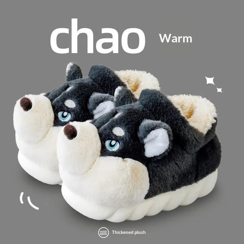 Cute Husky cartoon pure cotton slippers for men and women, warm indoor winter footwear in dark gray