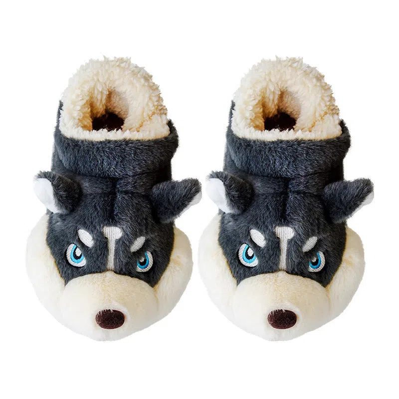 Cute Husky cartoon pure cotton slippers for men and women, warm indoor winter footwear in dark gray