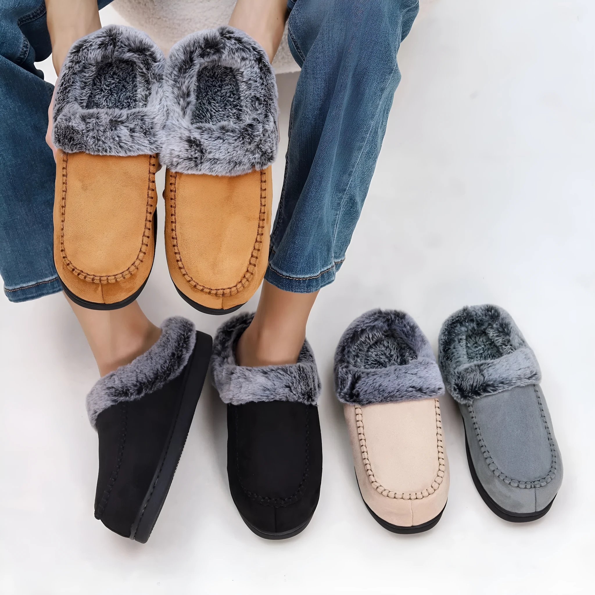Fleece-lined thickened cotton slippers with plaid pattern and non-slip TPR sole in khaki colour