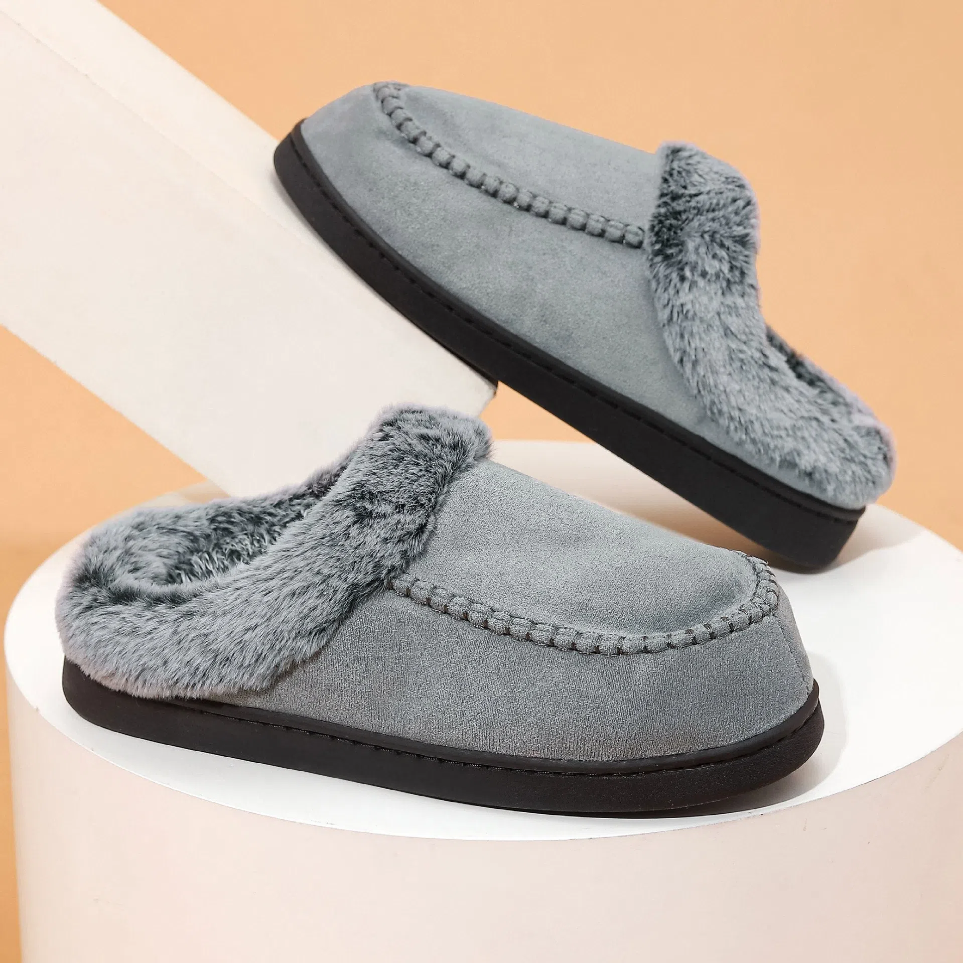 Fleece-lined thickened cotton slippers with plaid pattern and non-slip TPR sole in khaki colour