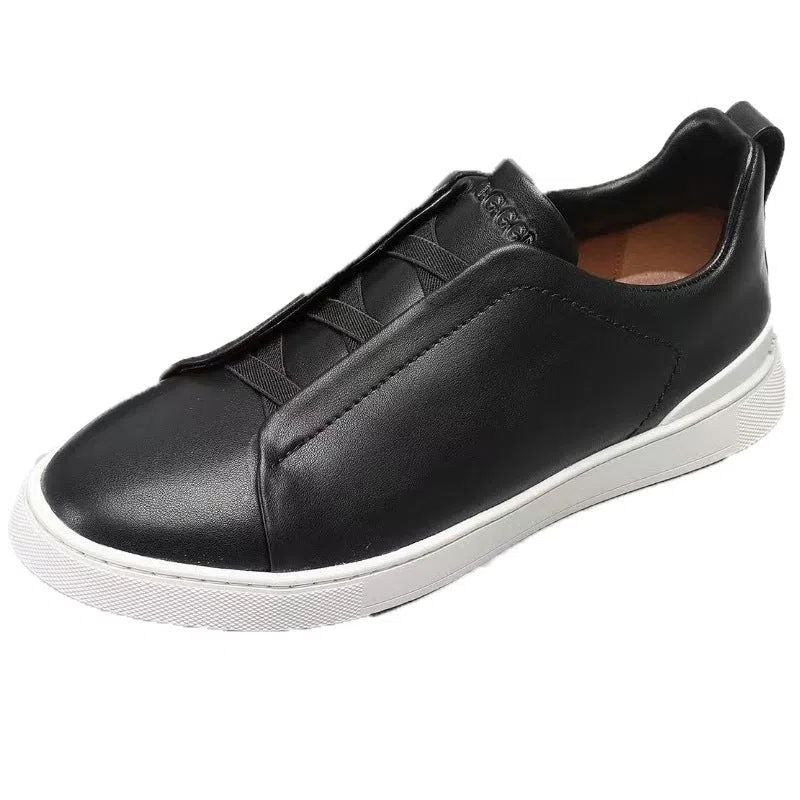 Men's genuine leather cross-strap casual shoes with cowhide upper, round toe, flat heel, and front laces