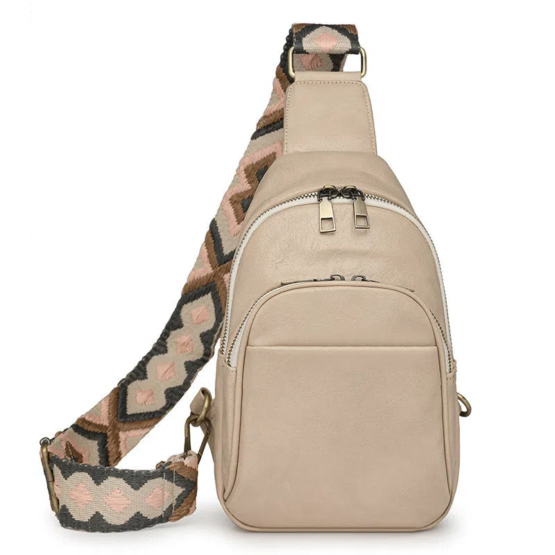 Women's vintage crossbody bag in tan PU with patchwork design and phone pocket